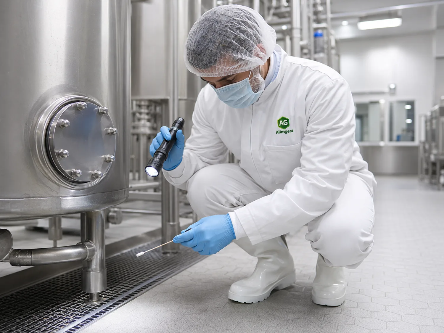 Técnico de Alimgest inspeccionando con linterna e hisopo los puntos críticos bajo un depósito de acero inoxidable